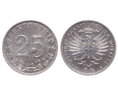 ITALY.  25 Centimes.  1903-R.  KM#36.  AU-50.  A scarce minor.