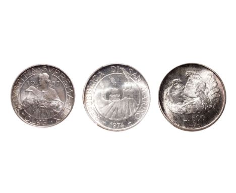 San Marino. Lot of three (3) PCGS Gem Uncirculated coins, including: 10 Lira 1937 R, MS-65; 500 Lira 1974, MS-66; 500 Lira 19