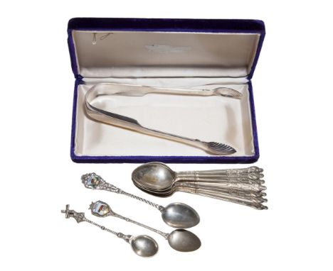 Collection of vintage sterling silver souvenir spoons and one pair of sugar tongs, including: set of seven (7) Apostle Spoons