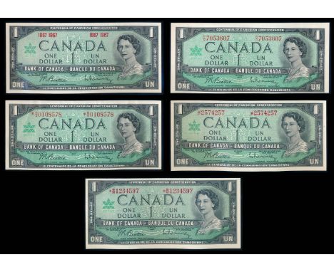 $1.00.  1967 Issue.  BC-45a.  1867-1967.  Beattie-Rasminsky.  Unc.  BC-45b.  No. R/O 07053607.  Unc;  BC-45bA.  No. *N/O01085