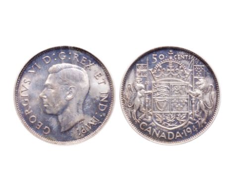 1947. Maple Leaf, Curved left.  Both ICCS and PCGS graded Mint State-64.  Attractive, light rainbow toning.  Ex. Can. Coinois