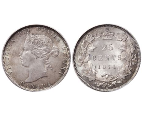 1874-H.  PCGS graded Mint State-63.  Light to medium multi-hued toning over mild iridescent fields.  Attractive.