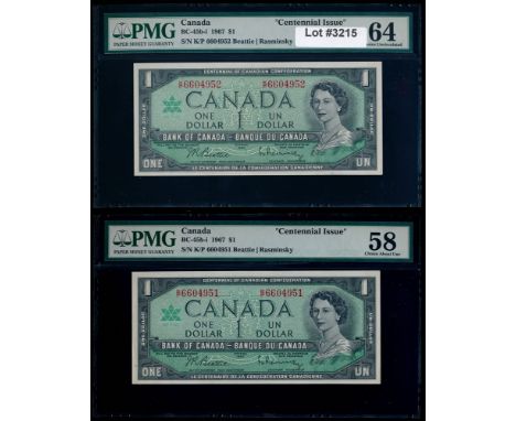 Lot of two (2) 1967 $1 Notes, BC-45b-i, Prefix K/P, with Unlisted Plate Block Numbers, both PMG graded. Includes: FP# 17, BP#