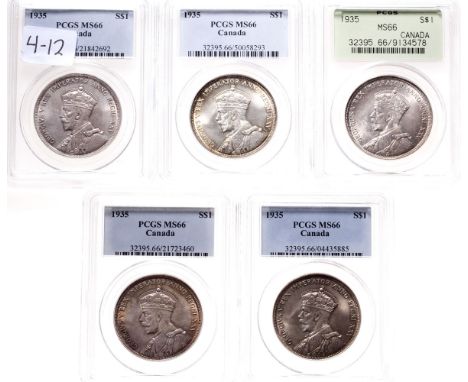 1935.  PCGS graded Mint State-66.  Light to medium heavy toning, in multiple outstanding shades.  A lot of five (5) hand sele