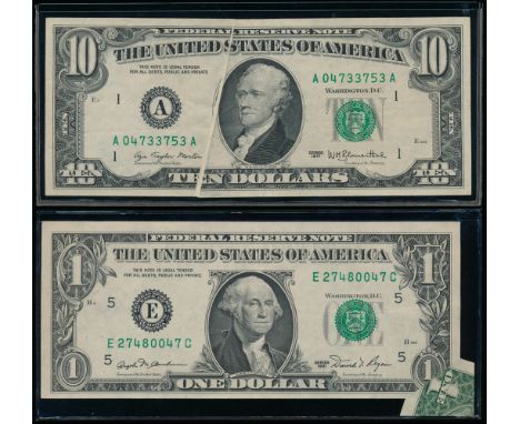 UNITED STATES. Lot of two (2) error banknotes. $10.00. 1977 series. KL#2234. Morton-Blumenthal. No. A04733753A, with single g