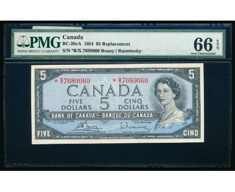 $5.00. 1954. BC-39cA. Bouey-Rasminsky. Replacement note. No.*R/X7689660. PMG graded Superb Gem Uncirculated-66 EPQ. Serial # 