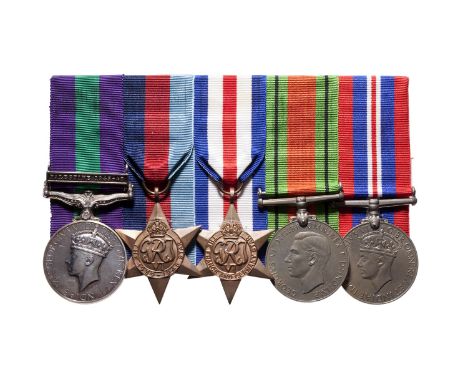 England. Lot of five (5) WWII medals with ribbons, mounted. Palestine 1945-48,&nbsp;stamped as follows on the rim: 6934609 TP