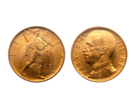 Italy. 50 Lira. 1931 R. Year IX, Gold, .900, 4.3995g, AGW 0.1273 oz. PCGS graded Superb Gem Uncirculated-66. 