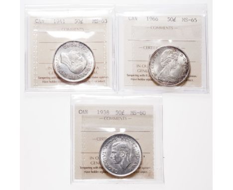 1938.  ICCS Mint State-60. Brilliant;  1941.  ICCS Mint State-63.  Trace of light toning;  1966.  ICCS Mint State-65.  Brilli