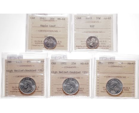 1947. Maple Leaf.  ICCS Mint State-64.  Traces of blue toning. Ex. Lot #830. C.N.A. auction, July, 2002;  1953, NSF.  ICCS Mi