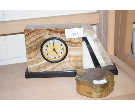 Small Art Deco marble cased mantel clock together with a reproduction brass compass