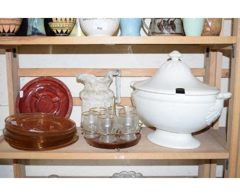 Selection of glass ware to include plates, cups, lidded ceramic tureen, vase, plates, ashtray etc