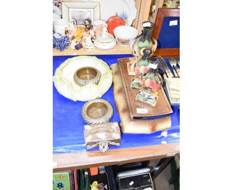 Mixed Lot: Porcelain mantel clock stand, lustre vase garniture, rope twist ashtrays etc