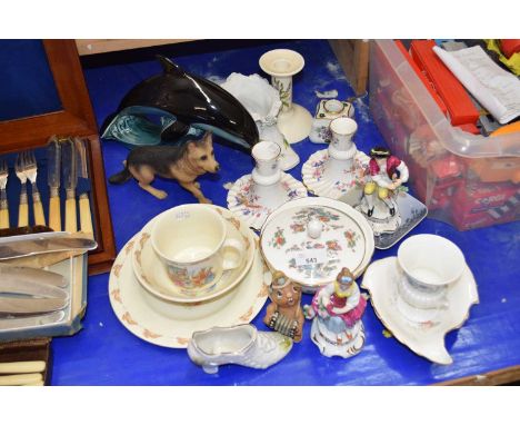 Mixed Lot: Poole Pottery model dolphin, Bunnykins table wares, Hammersleigh candlesticks etc