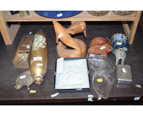 Mixed Lot: Various ornaments to include carved wooden figures of dolphins, tortoise together with a small chess set and glass