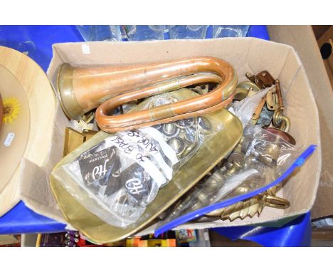 A copper bugle, various brass weights, door furniture etc