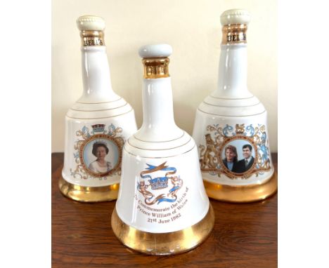THREE WADE POTTERY BELL FORM SCOTCH WHISKY, COMMEMORATIVE- QUEEN ELIZABETH II BIRTHDAY, PRINCE ANDREW AND SARAH FERGUSON 1896