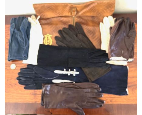 GENTS LEATHER HANDKERCHIEF BAG, AND EIGHT PAIRS OF VINTAGE LADIES LEATHER/SUEDE GLOVES