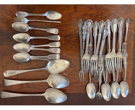 QUANTITY OF SILVER PLATE FLATWARE (LEFT), THREE SILVER TABLE SPOONS, SEVEN TEASPOONS AND PICKLE FORK, SILVER WEIGHT APPROX 38