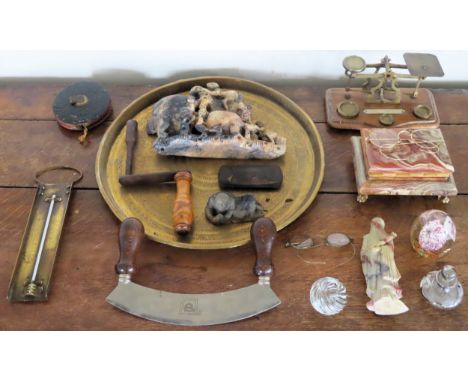 Mixed sundries including Letter scales, brass tray, soapstone carvings, gold coloured spectacles etc

All in used condition, 