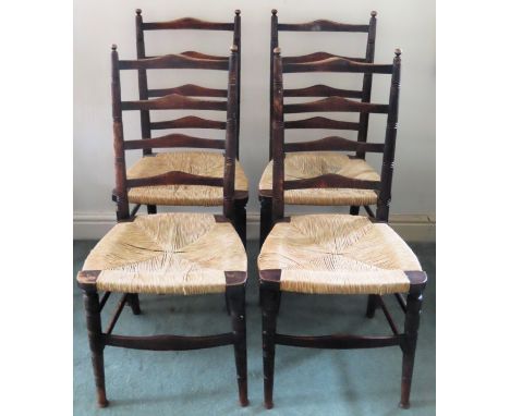 Set of Five rushseated ladder back chairs. Approx. 93cm H All appear in reasonable used condition, scuffs and scratches