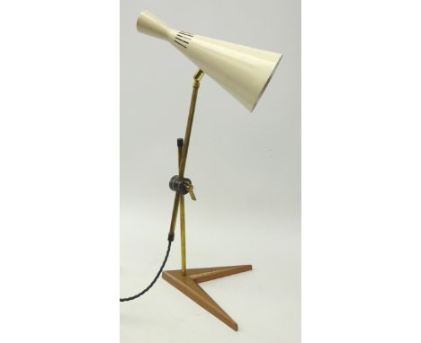 Mid 20th century copper and brass desk lamp, double ended conical lamp, two adjustable brass rods and a v-shaped copper finis