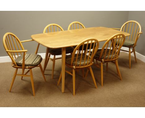 Ercol 'Windsor' light finish elm and beech dining table, rectangular top on tapered supports (152cm x 84cm). and set six (4+2