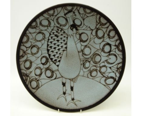 Poole pottery Aegean circular charger decorated with a peacock by Ros Sommerfelt, D41cm  Condition Report Click here for furt