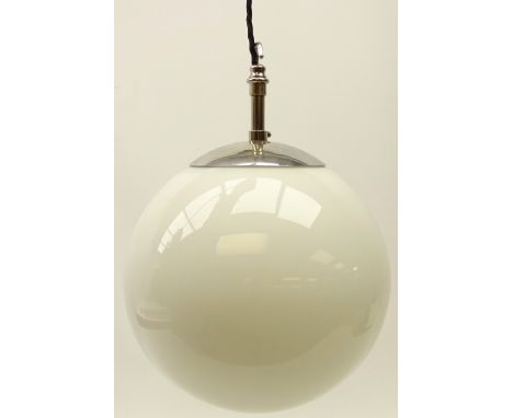 Globular opaque glass light fitting with chrome fitting, H25cm Condition Report Click here for further images, condition, auc