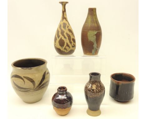 Group of Studio Pottery; Gwen Humble stoneware vase, H20cm, a similar stoneware vase indistinctly signed and numbered, plante