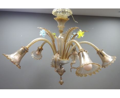 Early 20th century Venetian five light chandelier, having spiral twist S shaped branches with coloured glass flower heads and