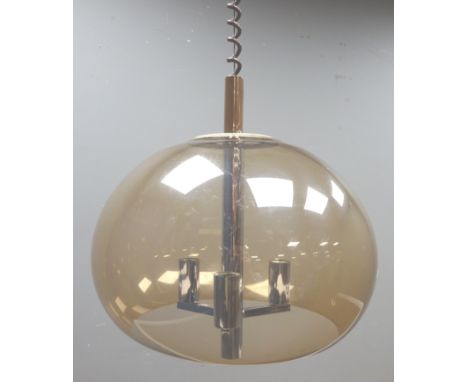 1970s rise and fall pendant light fitting, with three branch chrome stem & mushroom shaped coloured plastic shade, in the sty