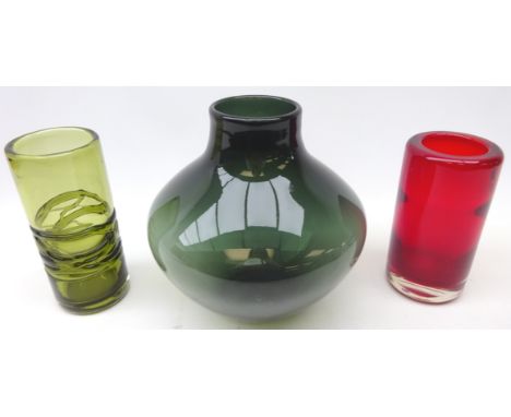 Three Whitefriars vases designed between 1957-1980; angular mould-blown soda glass vase in shadow green, H22cm, cylindrical r