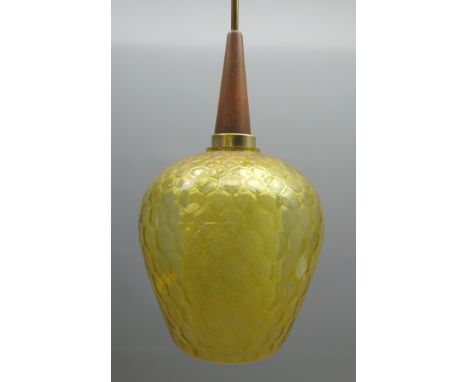 1960's centre light fitting with amber glass shade, with inner frosted glass shade and tapered teak fitting, H40cm  Condition