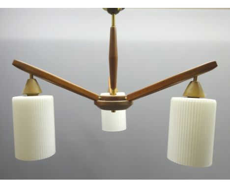 1960's three branch centre light fitting with opaque ribbed glass shades, L49cm x H40cm  Condition Report Click here for furt