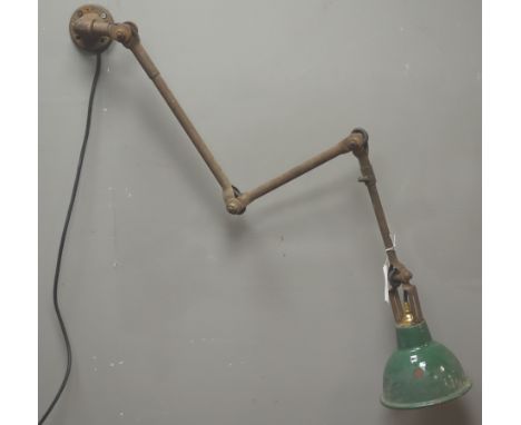 1930's/ 40's Dugdills machinist's wall/ table mounted lamp, articulated tubular iron stem and green enamelled shade, total le