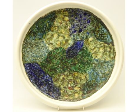 Poole Studio pottery bowl of shallow circular form, thrown by Alan White, glazed and decorated by Tony Morris, impressed and 