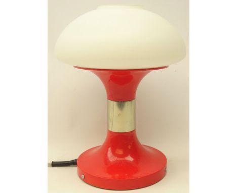 1970s table lamp with opaque mushroom shaped glass shade, chrome paneled stem and later painted finish, stamped KLBL Prufer, 