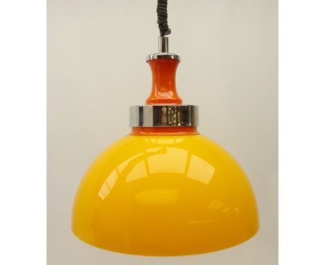 Mid-Century orange perspex pendant light fitting, rise & fall with extendable cable in the style of Harvey Guzzini, D38cm  Co