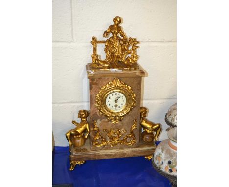 20th Century continental style marble cased mantel clock with metal figural mounts, quartz movement