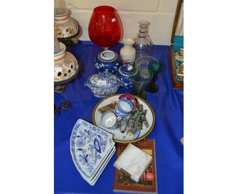 Mixed Lot: Various assorted ceramics and glass wares to include prunus pattern ginger jars, decanter, hors d'oeuvres dishes, 