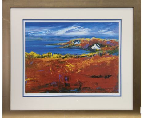 * JOYCE M BORLAND (SCOTTISH CONTEMPORARY), ISLAND OF GIGHA colour print, signed in pencil 40cm x 52cm Mounted, framed and und
