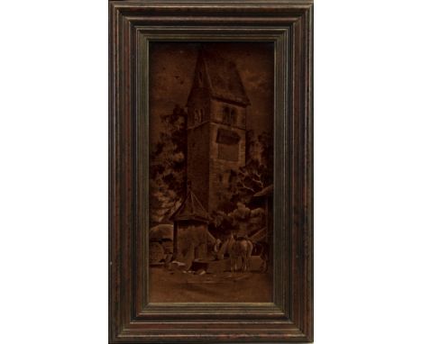 SCOTTISH SCHOOL (19TH CENTURY), HORSES DRINKING AT VILLAGE WATER TROUGH ceramic tile 29cm x 14cm Framed