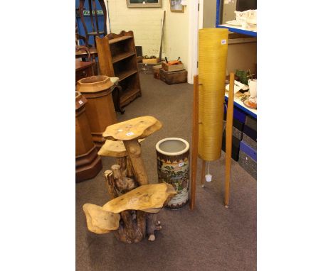 Arboreal plant stand, pottery stick stand and 1960's floor lamp (3).