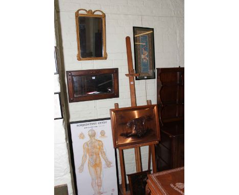 Reeves artists easel, framed Chinese silk, set of four acupuncture charts, copper plaque and three mirrors (10).
