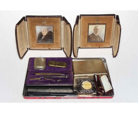 Pair of portrait miniatures of lady and gent in leather cases, 18 carat gold mounted cheroot holder, vesta cases, cigarette c