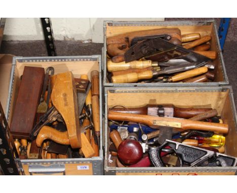 Three boxes of hand tools including chisels, etc.