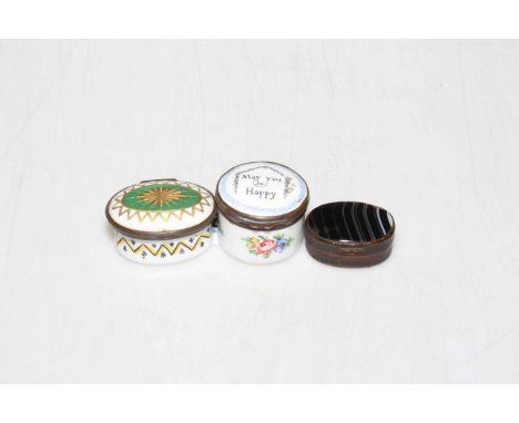 Two enamel snuff boxes and Tigers Eye snuff box (3).