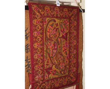 Four Chinese scrolls painted with birds and Geisha, Chinese Hessian painted scroll and a fabric wall hanging (6).