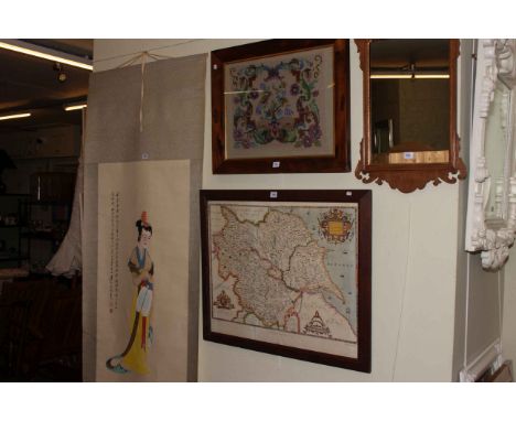 Chinese scroll, rosewood framed needlework, map print and fretwork mirror (4).